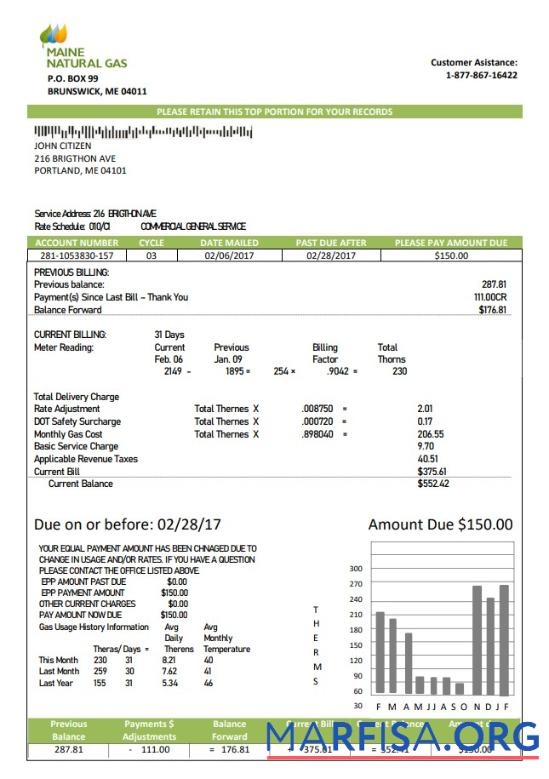Realistic USA Maine Natural Gas Portland utility bill template in Word and PDF format